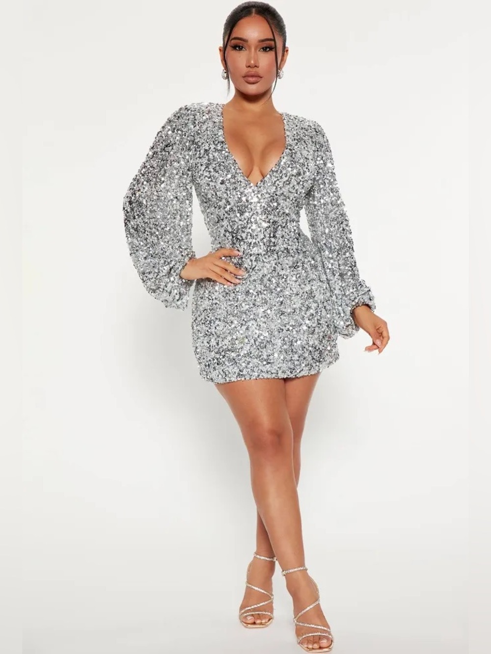 Silver Sequin Long Sleeve V-Neck Mini Dress